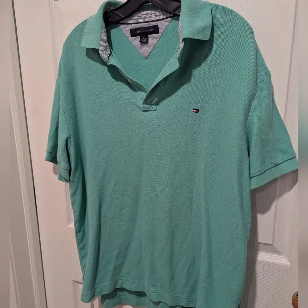Coastal Grandpa Tommy Hilfiger Size Large Seafoam Green‎ ButtonPolo Shirt Preppy